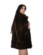 Brown demi-brown mink fur trimmed coat, 50s vertical and horizontal, long sleeves, external pockets - Image 2