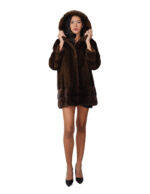 50 vertical and horizontal mink fur hood coat demi brown long sleeve external pockets - Image 4
