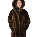 50 vertical and horizontal mink fur hood coat demi brown long sleeve external pockets