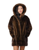 50 vertical and horizontal mink fur hood coat demi brown long sleeve external pockets