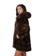 50 vertical and horizontal mink fur hood coat demi brown long sleeve external pockets - Image 2