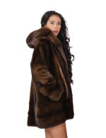 50 vertical and horizontal mink fur hood coat demi brown long sleeve external pockets - Image 3