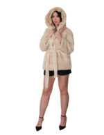 Cappotto 72 centimetri visone orizzontale beige 44 cappuccio cintura esterna in pelliccia manica lunga chiusura ganci - immagine 4
