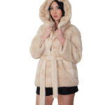 72cm beige horizontal mink coat size 44 hood external fur belt long sleeve hook closure