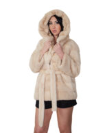 Cappotto 72 centimetri visone orizzontale beige 44 cappuccio cintura esterna in pelliccia manica lunga chiusura ganci