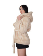 Cappotto 72 centimetri visone orizzontale beige 44 cappuccio cintura esterna in pelliccia manica lunga chiusura ganci - immagine 2