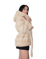 Cappotto 72 centimetri visone orizzontale beige 44 cappuccio cintura esterna in pelliccia manica lunga chiusura ganci - immagine 3