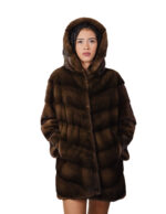 Long flared fur coat 78 cm demi hood 56 mink horizontal V saga furs