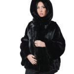 Black mink fur jacket horizontal bust and full leather sleeve 44-56 hood drawstring at the bottom