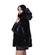 Giacca visone pelliccia nero orizzontale busto e pelle intera manica 44-56 cappuccio coulisse sul fondo - immagine 2