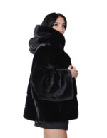 Giacca visone pelliccia nero orizzontale busto e pelle intera manica 44-56 cappuccio coulisse sul fondo - immagine 3