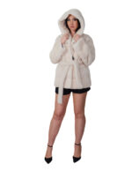 70cm horizontal mink coat cream 44 hood with shawl collar external fur belt long sleeves hook closure - Image 4