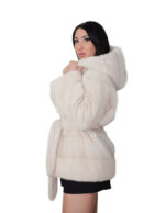 70cm horizontal mink coat cream 44 hood with shawl collar external fur belt long sleeves hook closure - Image 2