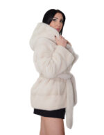 70cm horizontal mink coat cream 44 hood with shawl collar external fur belt long sleeves hook closure - Image 3