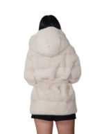 70cm horizontal mink coat cream 44 hood with shawl collar external fur belt long sleeves hook closure - Image 5