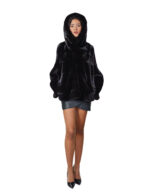 Giacca 44-56 cappuccio visone pelliccia nero orizzontale busto e pelle intera manica coulisse sul fondo - immagine 4