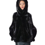 Jacket 44-56 black mink fur hood horizontal bust and full leather sleeve drawstring at the bottom