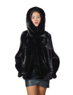 Giacca 44-56 cappuccio visone pelliccia nero orizzontale busto e pelle intera manica coulisse sul fondo