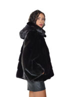 Giacca 44-56 cappuccio visone pelliccia nero orizzontale busto e pelle intera manica coulisse sul fondo - immagine 2