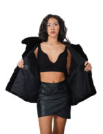 Giacca 44-56 cappuccio visone pelliccia nero orizzontale busto e pelle intera manica coulisse sul fondo - immagine 6