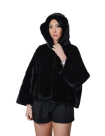 Nerzpelz-Cape-Jacke mit V-Ausschnitt, 60 cm lang, Größe 48-56, schwarze, pelzgefütterte Kapuze