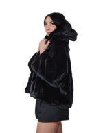 Nerzpelz-Cape-Jacke mit V-Ausschnitt, 60 cm lang, Größe 48-56, schwarze, pelzgefütterte Kapuze – Bild 2