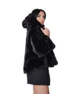 Nerzpelz-Cape-Jacke mit V-Ausschnitt, 60 cm lang, Größe 48-56, schwarze, pelzgefütterte Kapuze – Bild 3