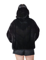 Nerzpelz-Cape-Jacke mit V-Ausschnitt, 60 cm lang, Größe 48-56, schwarze, pelzgefütterte Kapuze – Bild 5