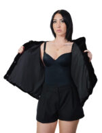 Nerzpelz-Cape-Jacke mit V-Ausschnitt, 60 cm lang, Größe 48-56, schwarze, pelzgefütterte Kapuze – Bild 6