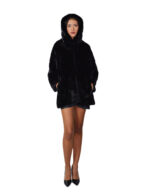 Nerzpelz-Cape-Jacke, V-Ausschnitt, 82 cm, Größe 48-56, schwarze gefütterte Kapuze – Bild 4