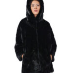 Nerzpelz-Cape-Jacke, V-Ausschnitt, 82 cm, Größe 48-56, schwarze gefütterte Kapuze