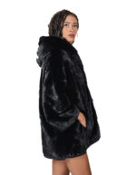 Nerzpelz-Cape-Jacke, V-Ausschnitt, 82 cm, Größe 48-56, schwarze gefütterte Kapuze – Bild 2