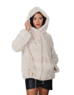 Giaccone 68 cm in pelliccia visone kopenaghen furs 48 beige perla manica lunga cappuccio coulisse elastica sotto ganci