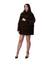 Cappotto pistagna pelliccia visone 52 orizzontale demi marrone modello a campana manica lunga tasche esterne - immagine 4