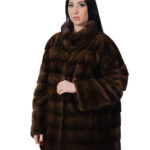 Cappotto pistagna pelliccia visone 52 orizzontale demi marrone modello a campana manica lunga tasche esterne