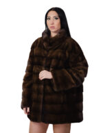 Cappotto pistagna pelliccia visone 52 orizzontale demi marrone modello a campana manica lunga tasche esterne