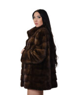 Cappotto pistagna pelliccia visone 52 orizzontale demi marrone modello a campana manica lunga tasche esterne - immagine 2