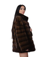 Cappotto pistagna pelliccia visone 52 orizzontale demi marrone modello a campana manica lunga tasche esterne - immagine 3