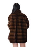 Cappotto pistagna pelliccia visone 52 orizzontale demi marrone modello a campana manica lunga tasche esterne - immagine 5