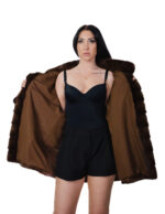 Cappotto pistagna pelliccia visone 52 orizzontale demi marrone modello a campana manica lunga tasche esterne - immagine 6