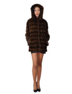 54 mink fur hood coat horizontal demi brown bell model long sleeve external pockets - Image 4