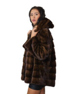 54 mink fur hood coat horizontal demi brown bell model long sleeve external pockets - Image 2