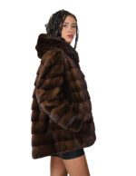 54 mink fur hood coat horizontal demi brown bell model long sleeve external pockets - Image 3