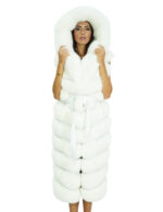 White fox vest size 46 with horizontal workmanship, 122 cm long, with hood and internal hook fastening, belt at the waist