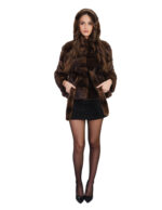 Mink jacket size 42 demi horizontal with fur belt hood long sleeves 60 cm long - Image 4