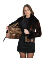 Giacchino in petali di visone marrone 42 con collo volpe e fondo in pelle manica lunga polsi volpe - immagine 6