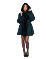 Green sheepskin jacket size 44 with detached hood, long sleeve, bell-shaped, fur inside, leather outside - Image 5