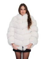 Horizontal white fox jacket 44 hood long sleeve with leather cuff hook closure