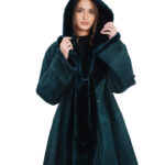Montone giaccone verde 44 con cappuccio staccato a stola manica lunga modello a campana pelliccia dentro pelle fuori
