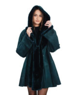 Green sheepskin jacket size 44 with detached hood, long sleeve, bell-shaped, fur inside, leather outside